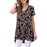 POPYOUNG Women's Summer Casual T-Shirt V-Neck Short Sleeve Tunic Tops for Leggings Loose Blouse Shirt