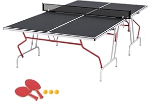 Soozier 9' x 5' Full Size Ping Pong Table, Fold Into Quarters, Portable Table Tennis Table with Net, Paddles, Balls, MDF