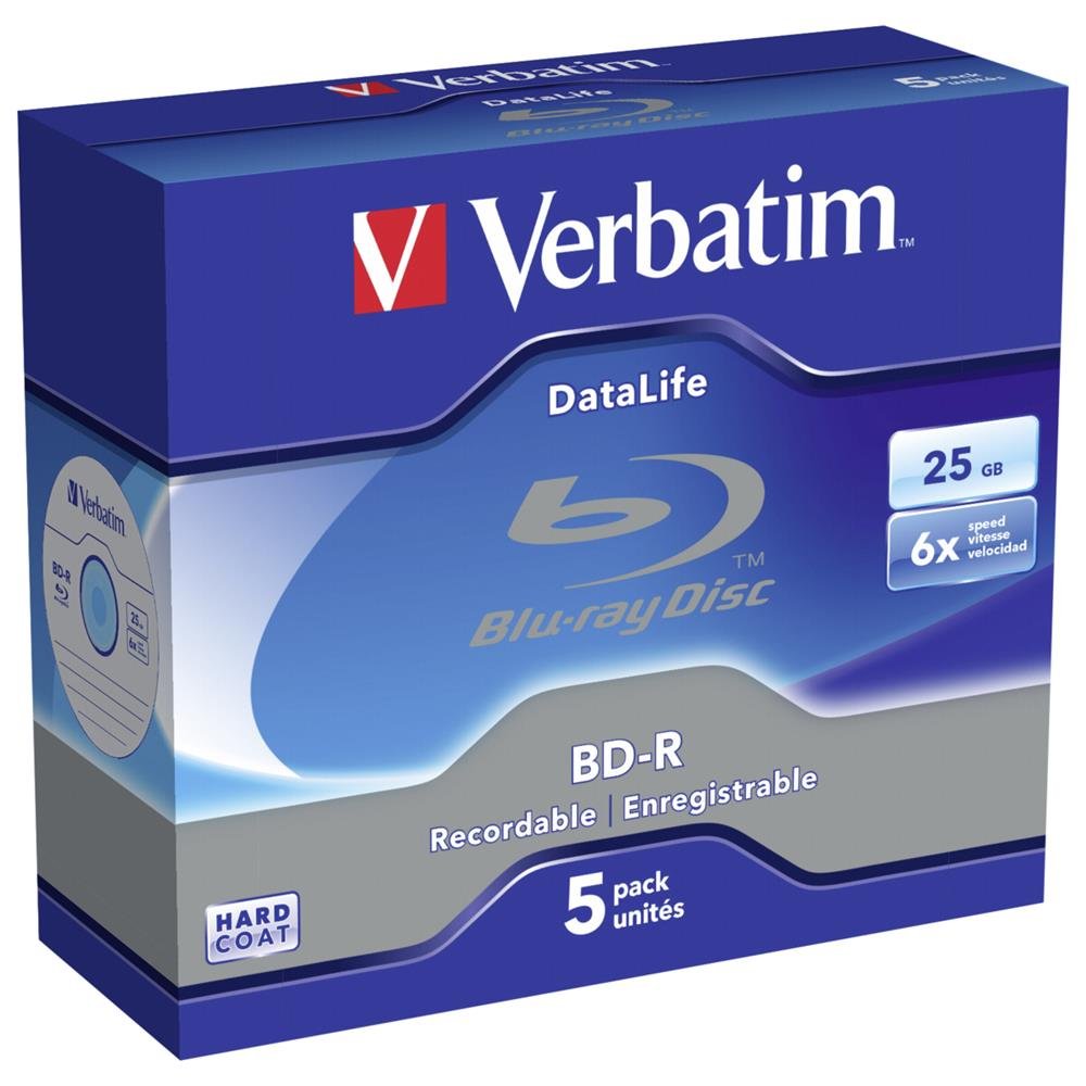 Verbatim BD-R Datalife - Blu-ray Disc 25 GB, 6x Burning Speed, Scratch Protection, Jewel Case, 5-Pack
