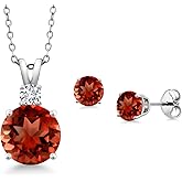 Gem Stone King 925 Sterling Silver Round Red Garnet and G-H Lab Grown Diamond Pendant and Earrings Jewelry Set For Women (5.77 Cttw, Gemstone Birthstone, with 18 Inch Chain)
