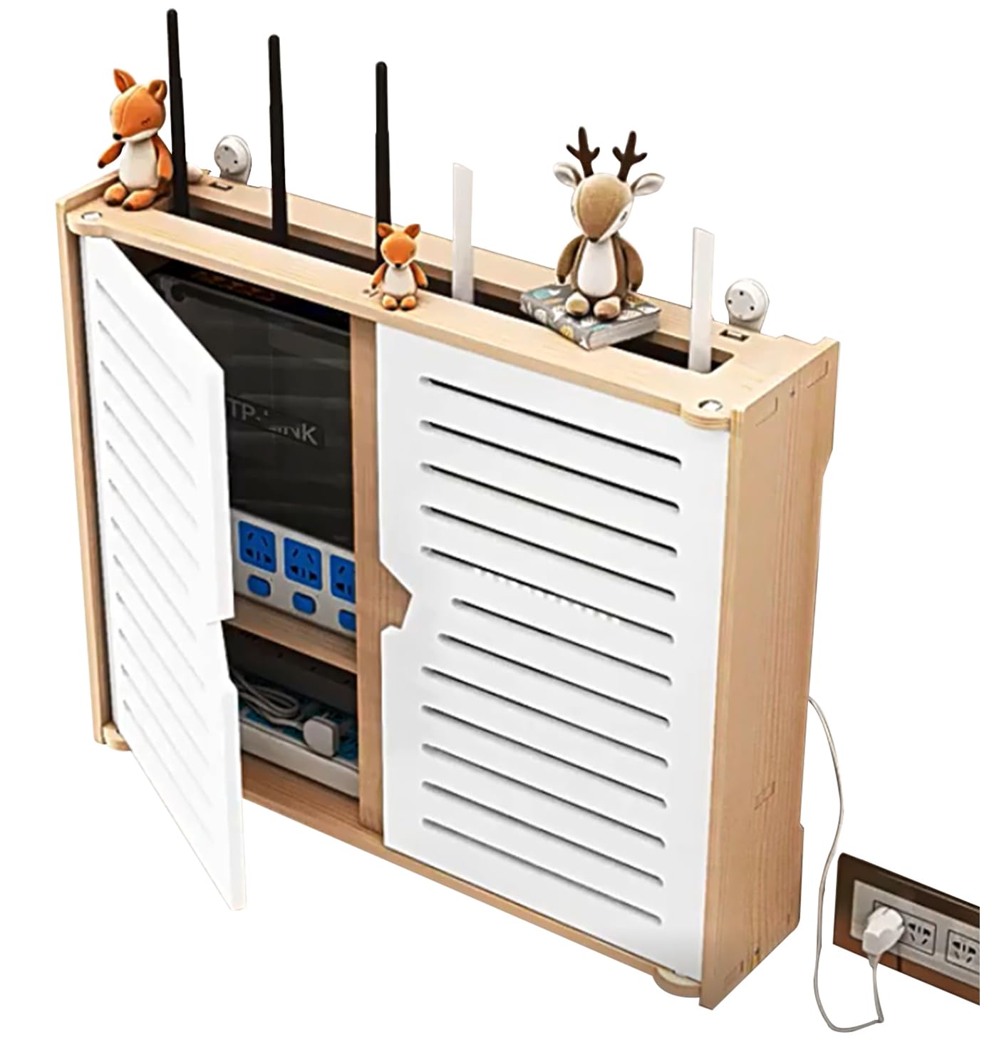 PPGE Home Router Shelf, white Wifi Router Storage Box Wall Mounted, Cable Organiser Wall Mounted Floating Wlan Router Shelf, Cable Wire Wall Plug Board Rack -Double Door