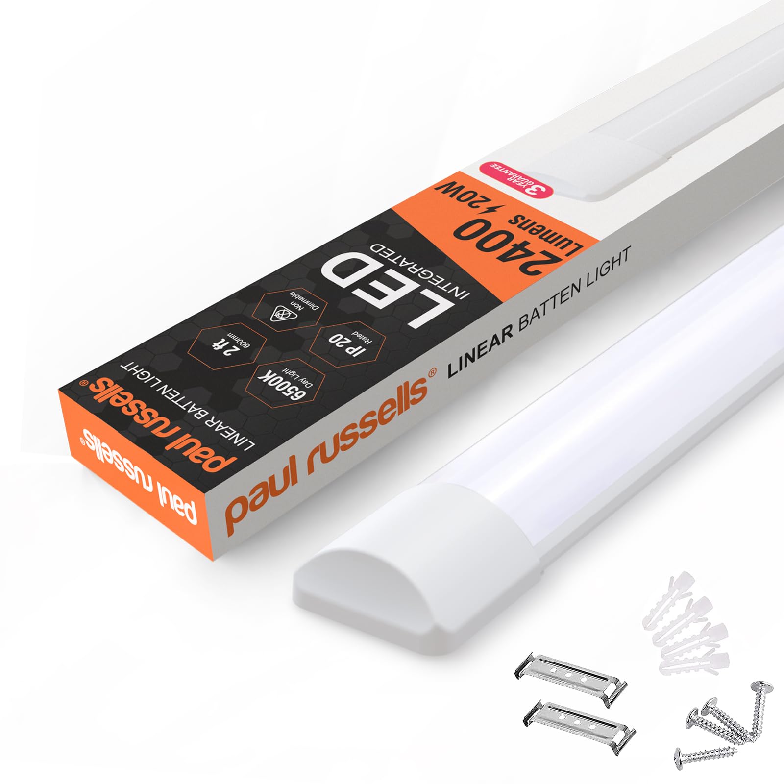 paul russells 2ft LED Batten, Ceiling Fitting Tube Light, 6500K Daylight, 20W, 2400 Lumens, Light for Office, Bathroom, Kitchen, Garage, Warehouse Fluorescent Lighting Replacement, 1 Pack