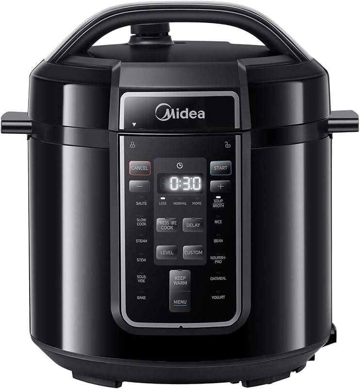 Autocuiseur Électrique Rapide 9-en-1, 12 Programmes Prédéfinis, Multicuiseur Inox Instantané, Pot Antiadhésif, Yaourtière, Cuiseur de Riz, Cuisson Lente, Sauté, Vapeur, 6L, Noir