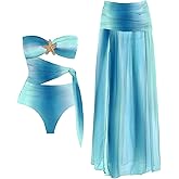 WDIRARA Women's Ombre Two Piece Bathing Suit Cut Out Bandeau One Piece Swimsuit with Long Cover Up Skirt