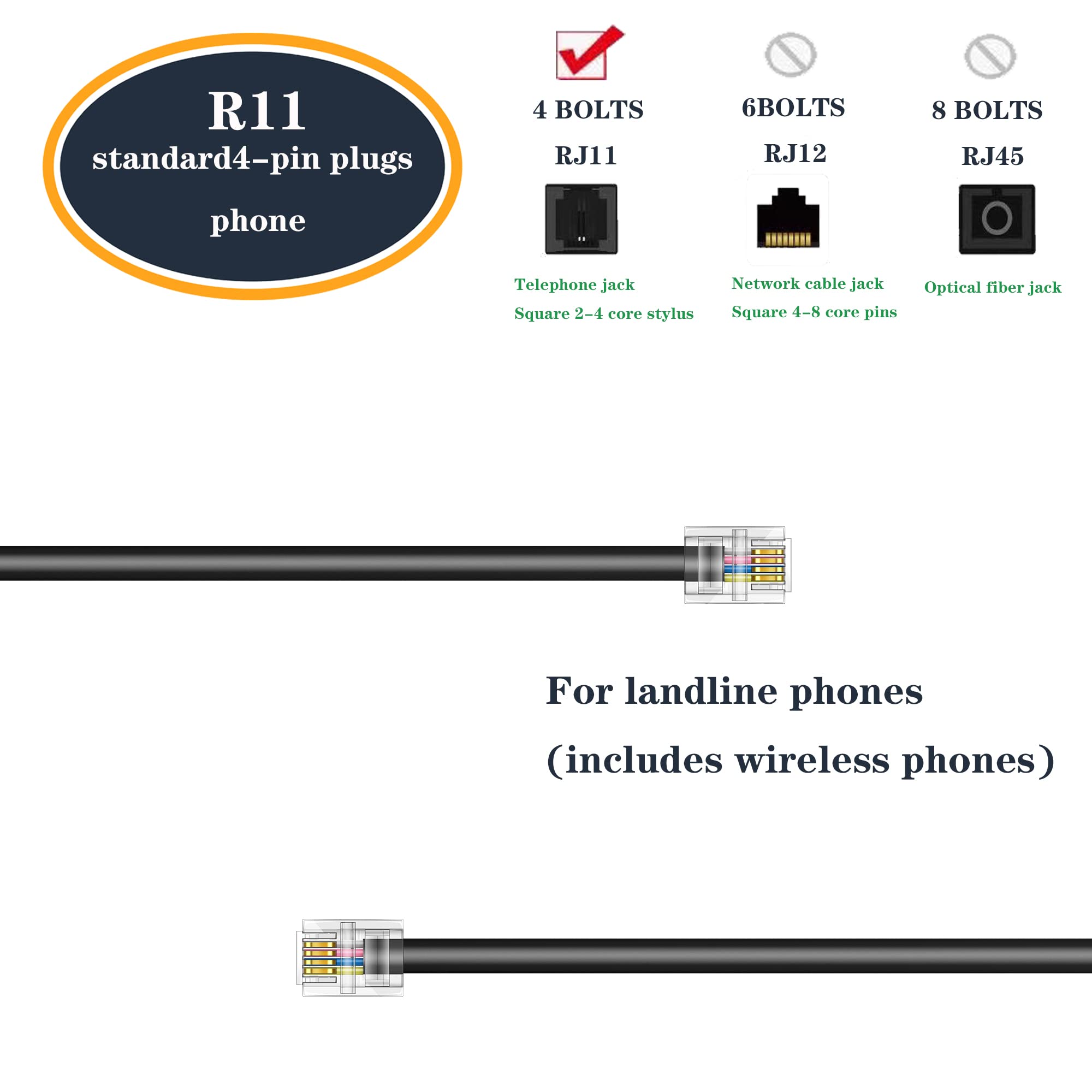 Ubramac Telephone Extension Cord Phone Cable Line Wire, with Standard RJ11 Plug (50FT-Black)