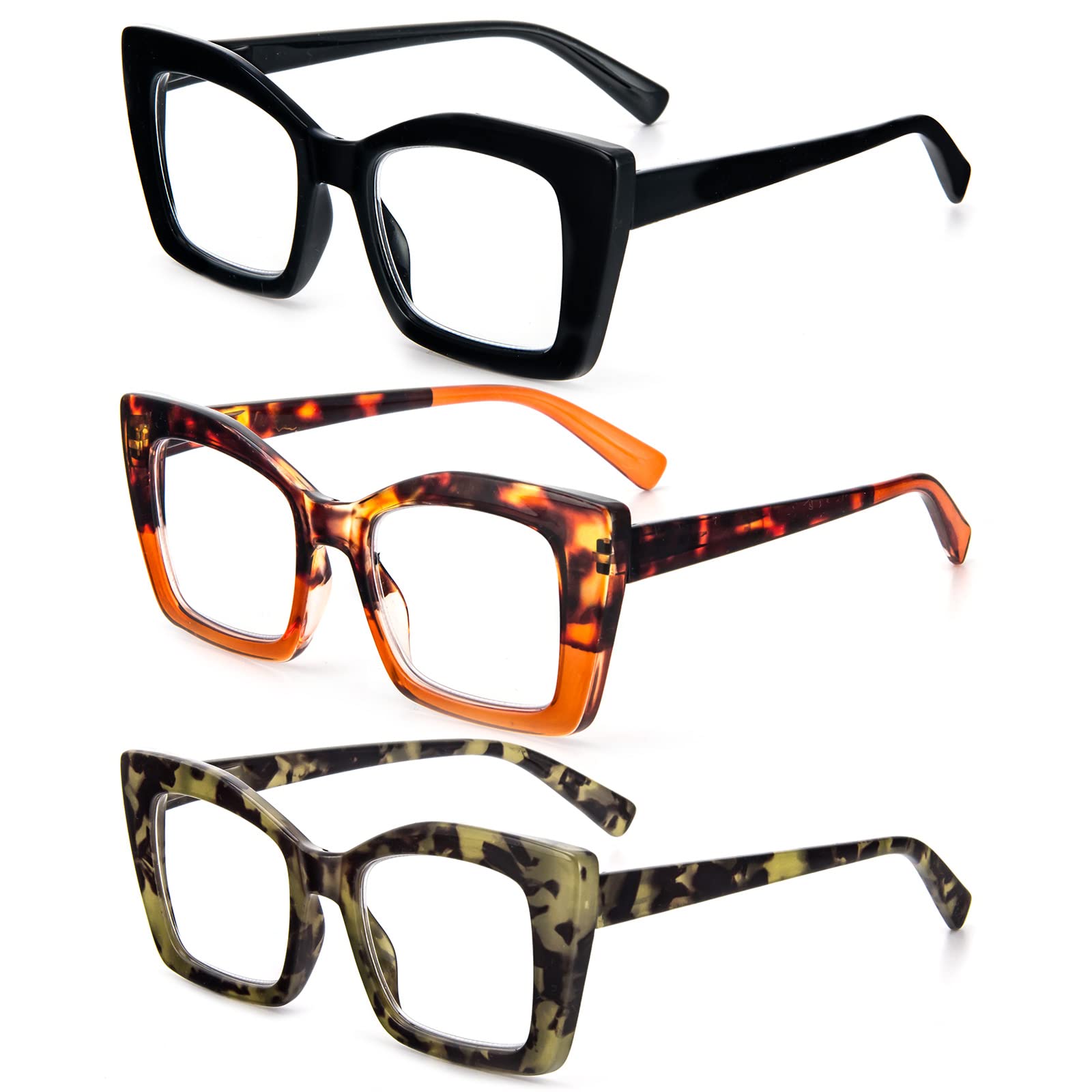 MMOWW 3 Pack Oversized Reading Glasses for Women Square Frame Fashion Style Blue Light Blocking Readers +1.5