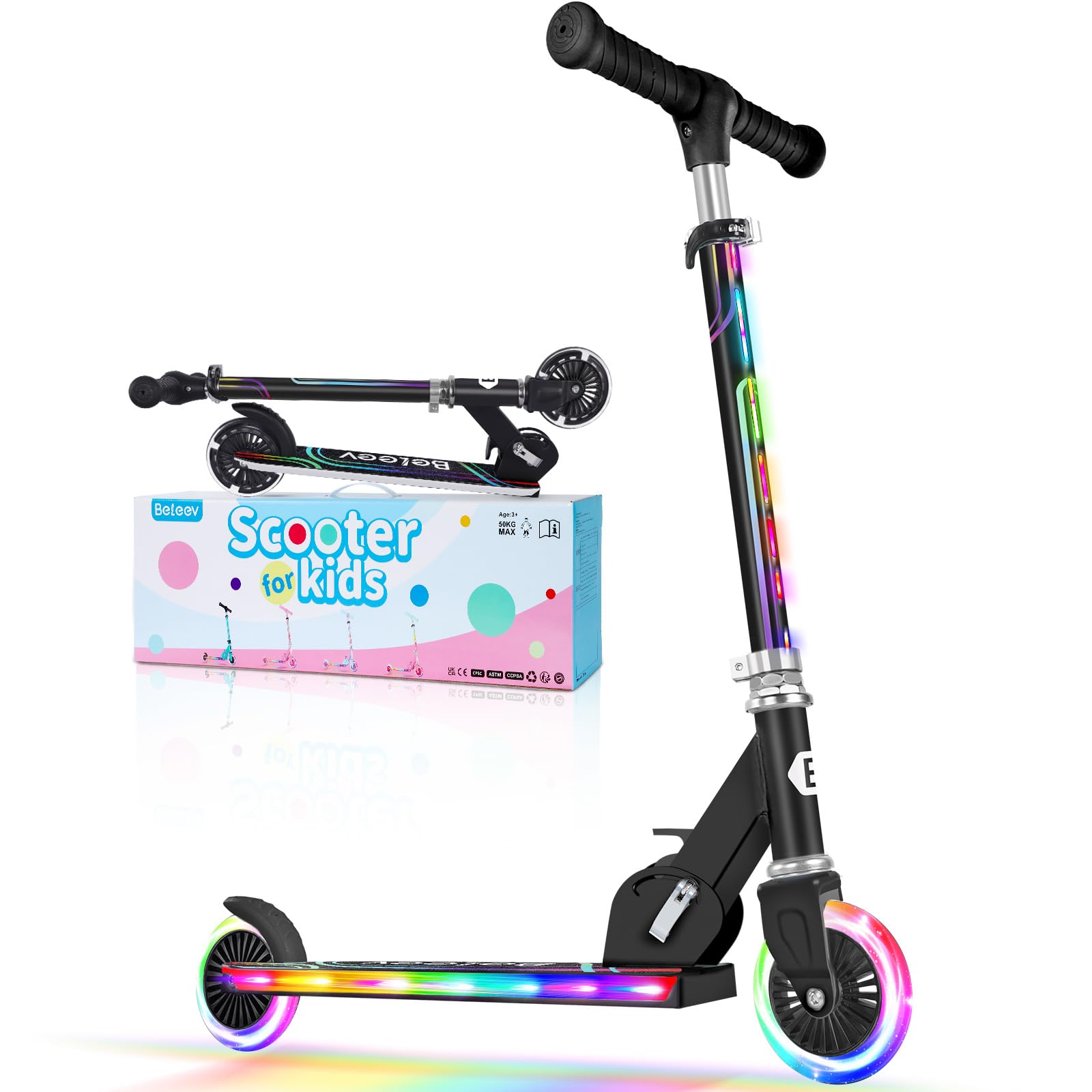 BELEEV Scooters for Kids Ages 3-12 with Light-Up Wheels & Stem & Deck, 2 Wheel Folding Scooter for Girls Boys, 3 Adjustable Height, Non-Slip Pattern Deck, Kick Scooter for Children (Black) Image