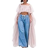 Bubble Crop Top for Women Trendy Square Neck Chiffon Ruffled Puff Sleeve Weekends Vacation Going Out Tops