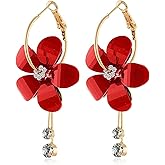 KVANU Elegant Romantic Bohemian Crystal Acrylic Rose Flower Dangle Drop Earrings Exaggerated Sparkly Five Leaves Flower Round Hoop long Tassel Earring for Women Statement Jewelry Gifts