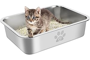 PWTAA Stainless Steel Cat Litter Box High Side Cats Toilet Metal Kitten Litter Pan, Pet Cleaning Tool for Big and Small Cats, Rabbits, Splash-Proof and Non-Stick Cat Poop Box odorless 15.7"x11.8"x3.9"