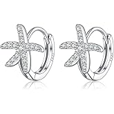 SLUYNZ 925 Sterling Silver CZ Starfish Hoop Earrings for Women Teens Starfish Small Hoop Earrings Huggie Small Beach Earrings