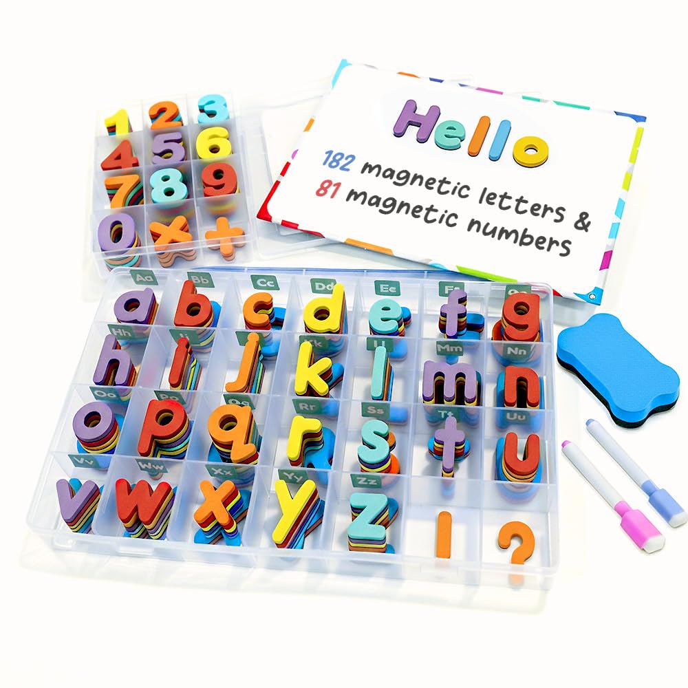 Magnetic Letters and Numbers for Children – The Complete Set: 182 Letters and 81 Numbers & Symbols – Thick Foam Fridge Magnets for Kids - Includes 2 Storage Boxes, Magnetic Board, Pens and Eraser