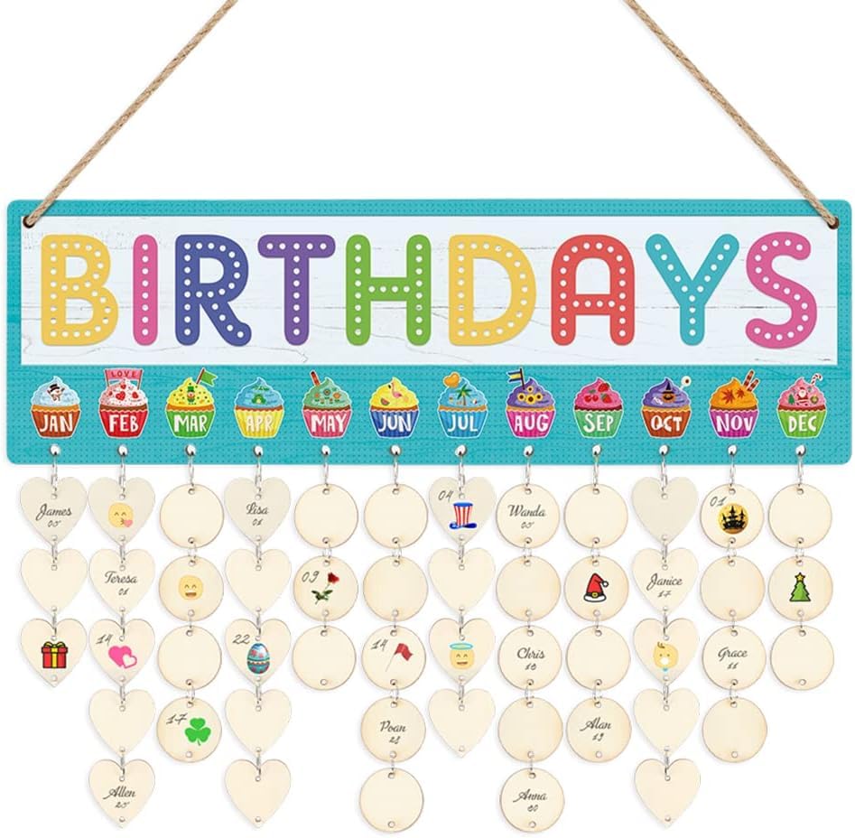 CHDITB Wooden Birthday Reminder Calendar Board(16"x5")Cute Birthday Plaque Gift for Kids Inspirational Quotes Wooden Birthday Tracker Plaque Wall Hanging with 100 Heart/Circle Tags Birthdays Calendar