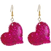Hot Pink Heart Dangle Earrings for Women Big Love Heart Drop Earrings