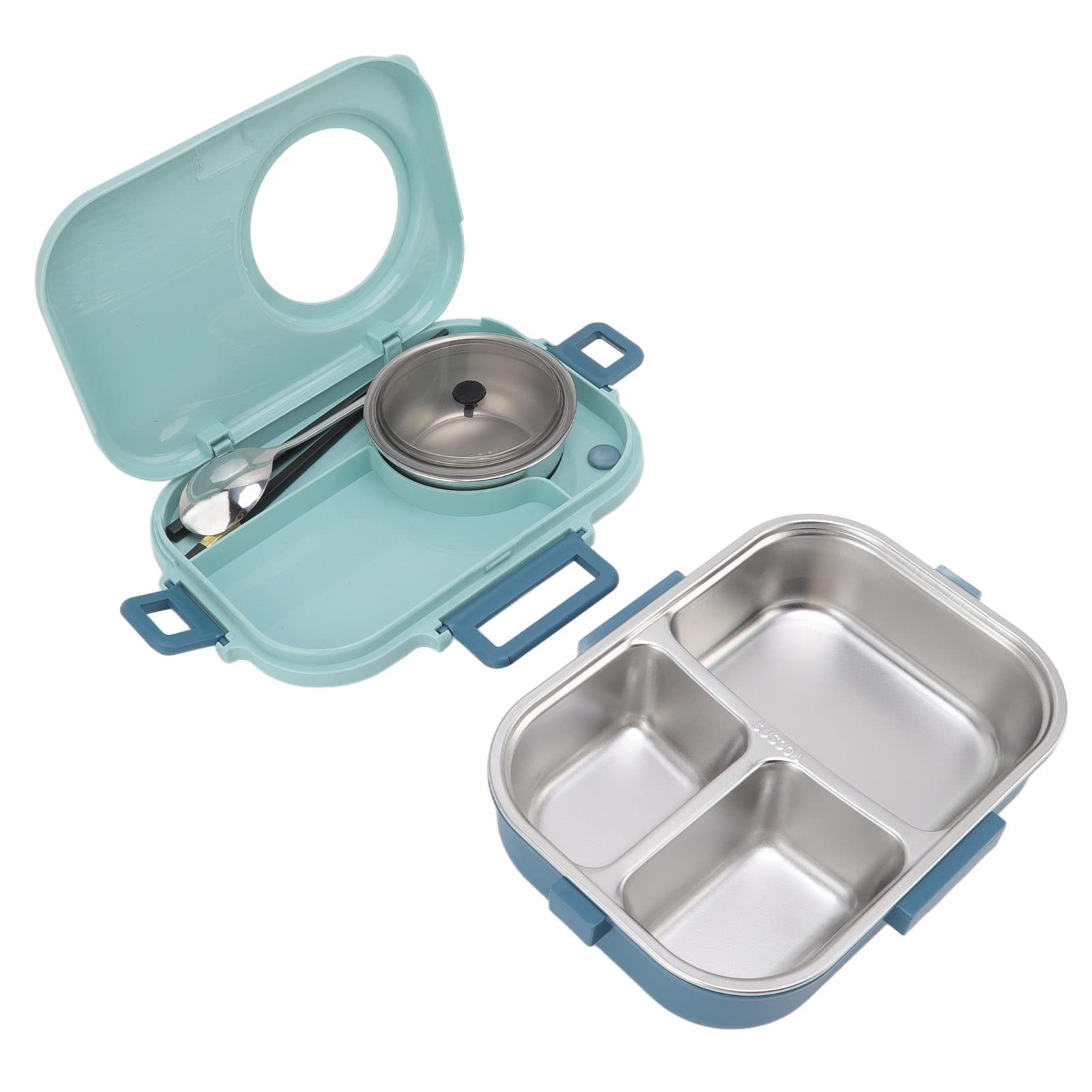 Thermal Lunch Containers, 4 Compartments Insulated Lunch Box Portable Box with Spoon, Chopsticks and Soup Bowl for School Office Picnic (Blue)