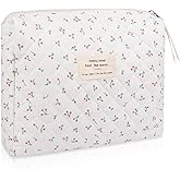 Gosect Large Makeup Bag, Cute Cosmetic Bag for Women Girls, Floral Coquette Aesthetic Toiletry Bag, Travel Make Up Organizer Bag (White Cherry)