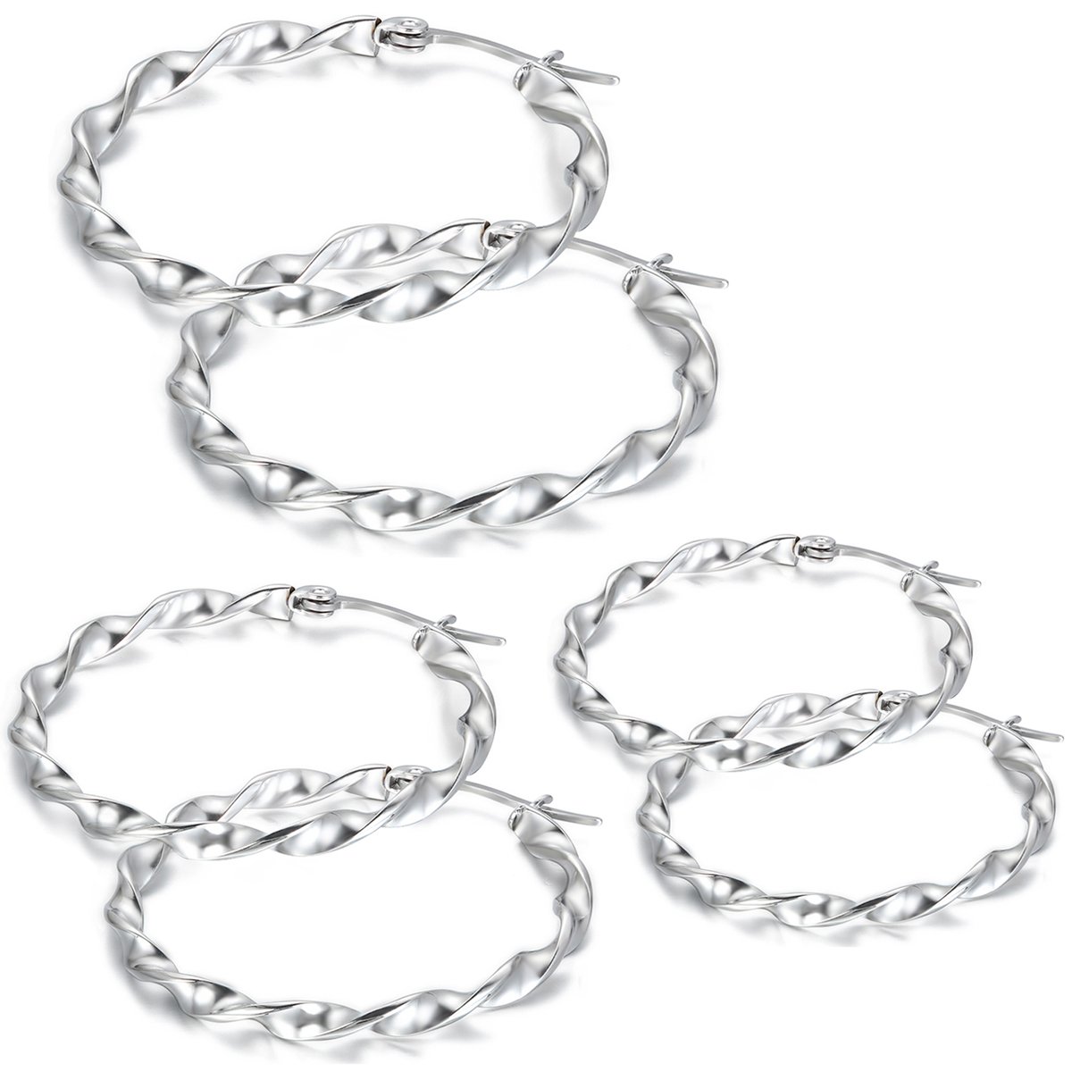 Flongo Women's 6PCS 30/35/40mm Stunning Stainless Steel Silver Large Loop Hoop Earrings Set, Women Girls Valentine Gift Huggie Hinged Hoop Earrings