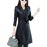 Tanming Womens Fashion Lapel Double Breasted Lambskin Leather Mid Long Jacket Coat