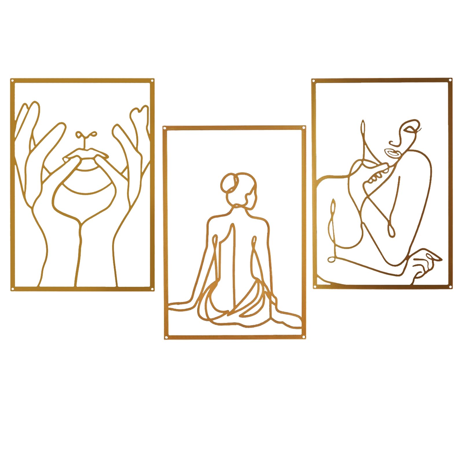 Huspox 3 Piece Metal Minimalist Wall Art, Female Framed Wall Decor for Bedroom Living Room Bathroom (Golden)