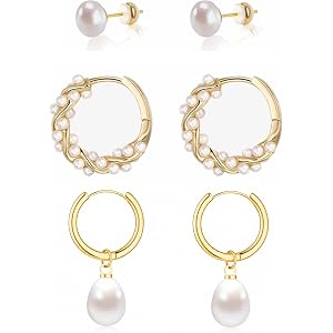 Pearl Earrings Set for Women 14K Gold Pearl Stud Hoop and Drop Huggie Earrings Hypoallergenic Dainty 3 Pairs Trendy Jewelry G