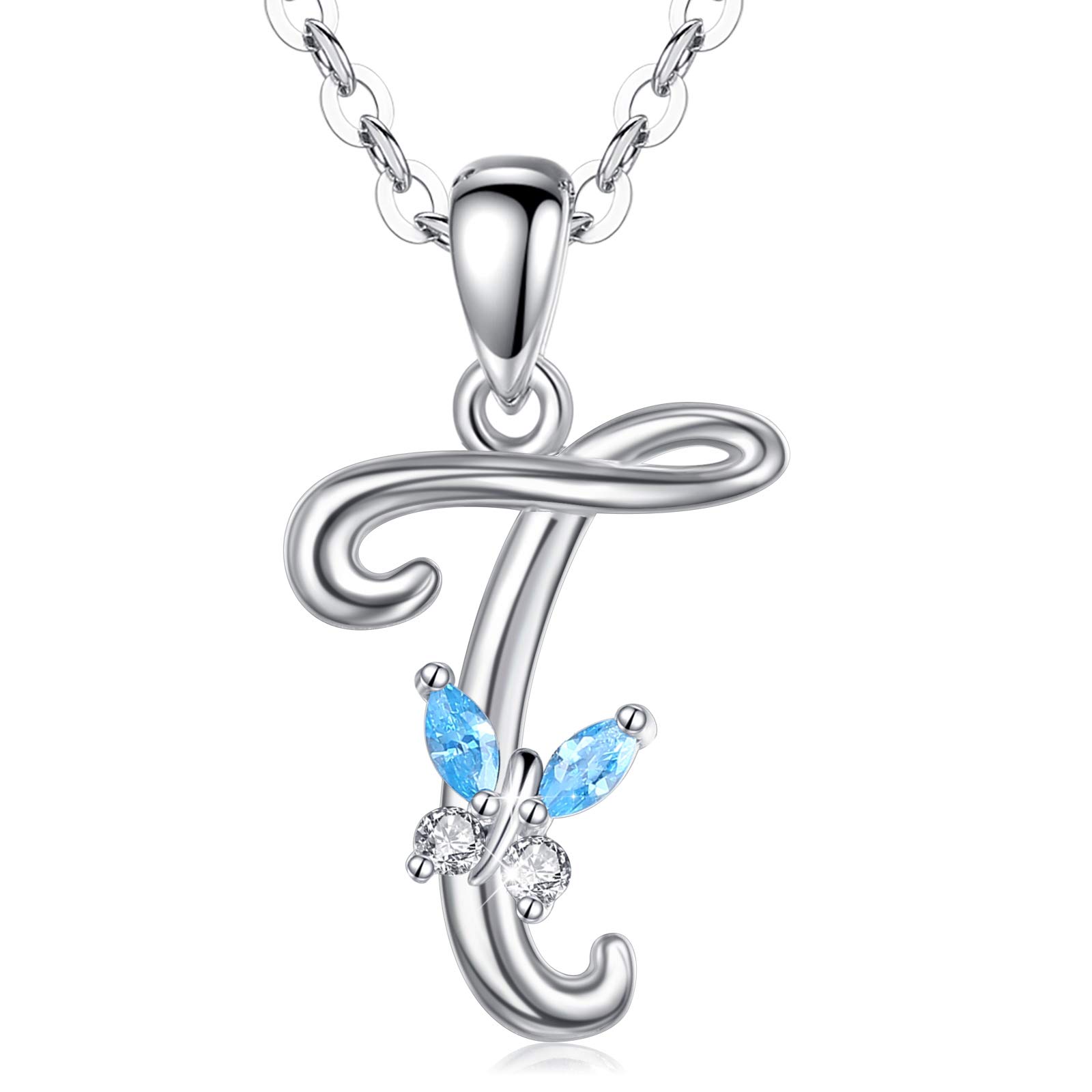 EUDORA Initial Butterfly Necklace 925 Sterling Silver T Alphabet Letter Personalised Pendant Necklaces with Blue Cubic-Zirconia Gifts for Women Ladies Girls Mother, 18"