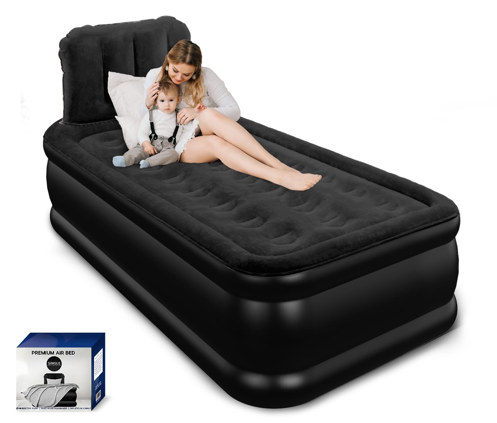 Photo 1 of Twin Air Mattress with Headboard, Built-in Pump, Supports 500 lbs, Quiet Noiseless Design, 48-Hour Leak-Tested, 2.5 Min Fast & Easy Inflation/Deflation, Portable Blow Up Bed for Home, Guests & Camping