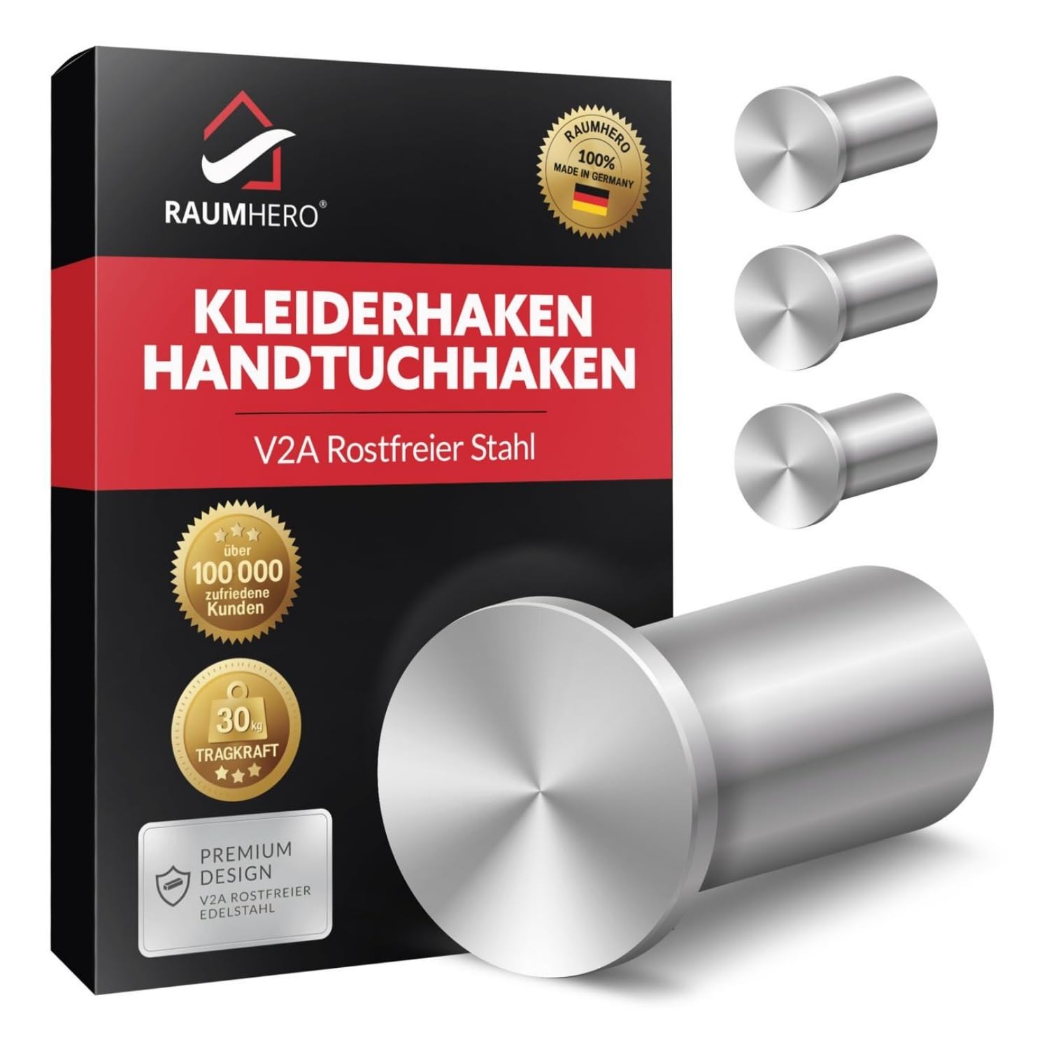 Raumhero Kleiderhaken (4 Stk.) - Garderobenhaken Edelstahl, Handtuchhaken zum Bohren - 100% Made in Germany (Tragkraft bis zu 30 kg) - Extrem vielseitig (inkl. Schrauben, Dübel & Anleitung)