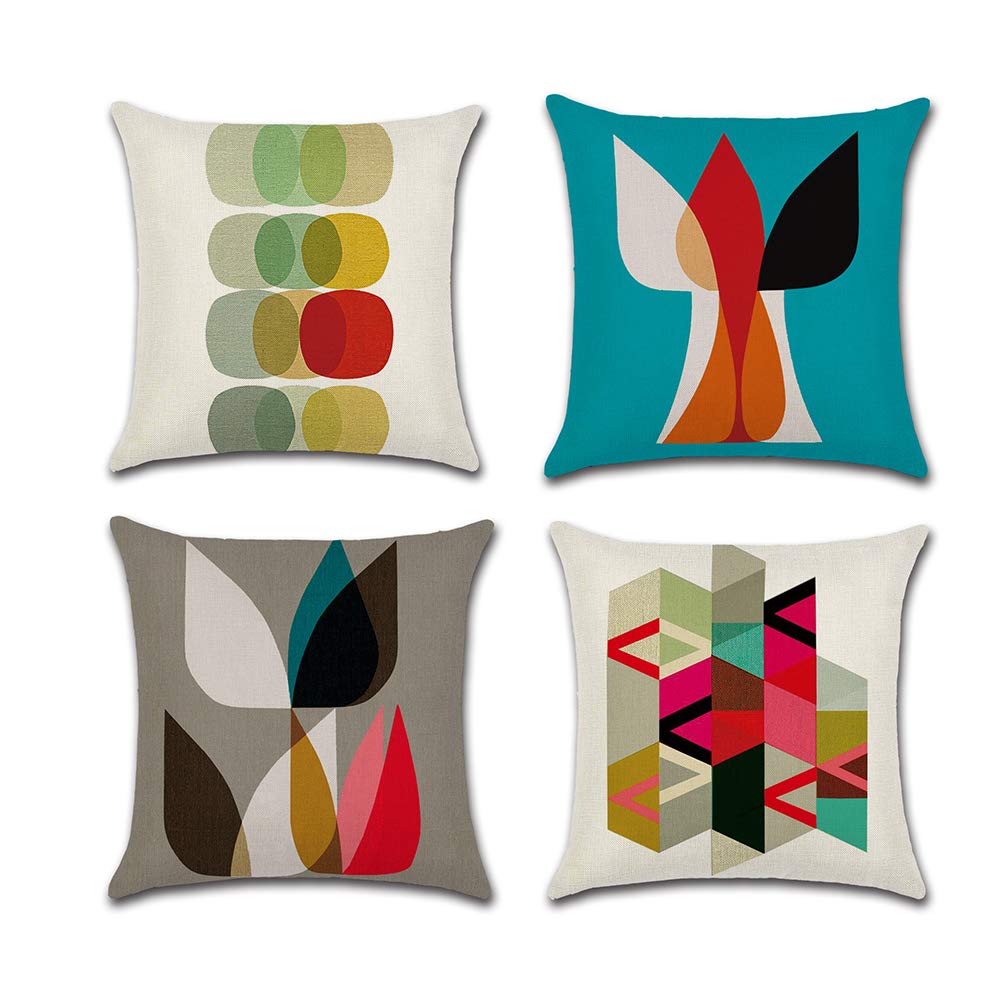 COWORK Set of 4 Geometric Cushion Cover Cotton Linen Throw Pillow Case Decorative Square Sofa Pillowcase for Home Decor Favor, 18 x 18 inch / 45 x 45 cm with Invisible Zipper