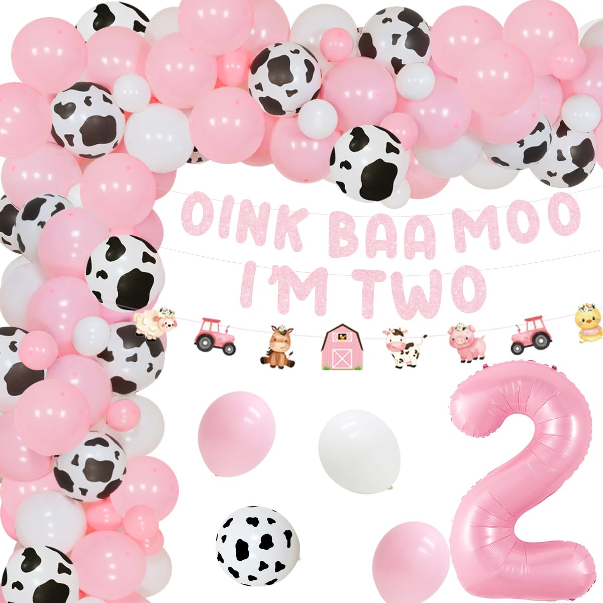 Pink Farm Animal 2nd Birthday Decorations Oink Baa Moo I Am Two Banner Birthday Decorations Animal Number 2 Balloon for Zoo Animal Cow Barnyard Farm Animal Party