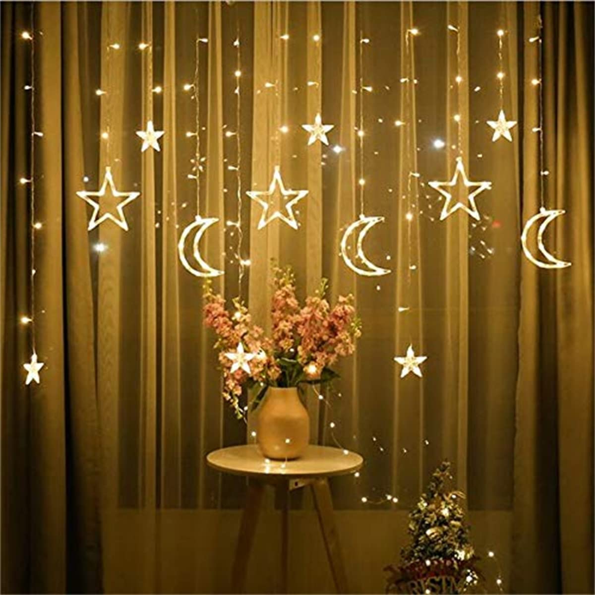 Kayan LED String Lights, 3.5m Star Moon LED Curtain Lights Garland Wedding Decorations for Ramadan, Christmas, Wedding, Party, Home, Terrace, Lawn (Warm White)