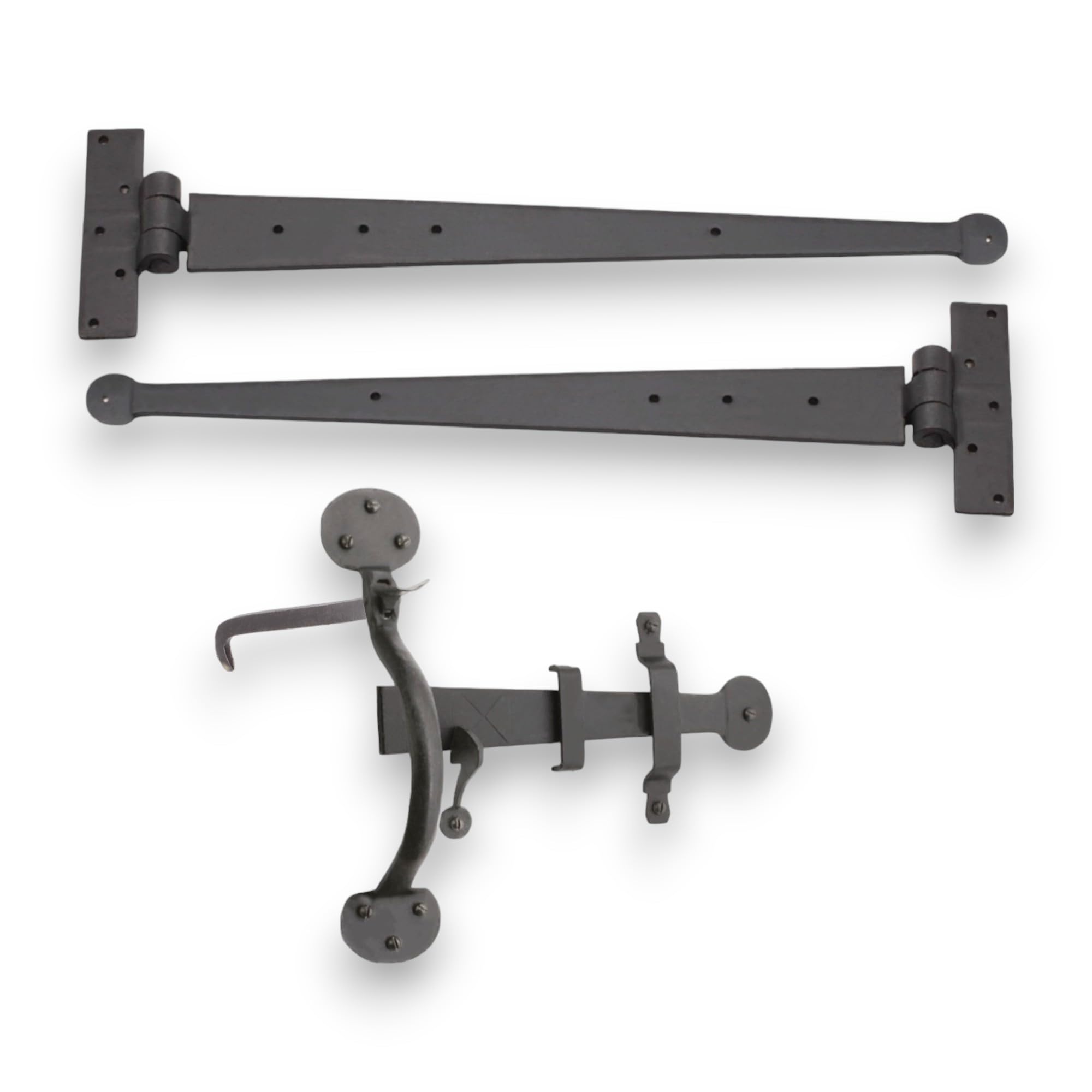 Infinity Decor Traditional Hand Forged Iron 18” Iron Tee Hinge Penny End & Suffolk Latch Door Kit Beeswax Finish – for Wooden Gate, Shed, Barn Door