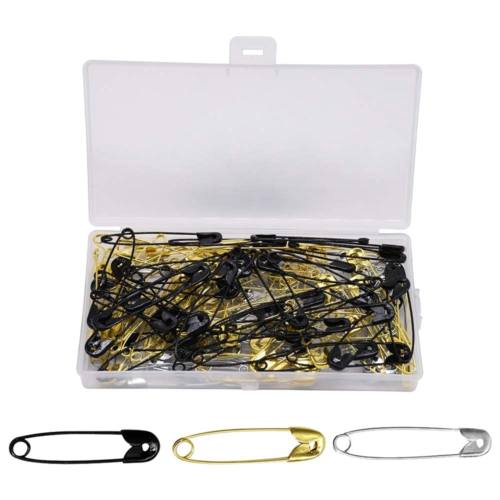 YOFASEN 180 Pieces Safety Pin - Large Small Safety Pins Assorted 18mm 22mm 27mm 32mm 35mm 43mm 53mm for Art Craft Sewing Jewelry Making Home Office Use Gold Silver Black