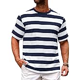 Runcati Mens Short Sleeve T-Shirts Striped Casual Crewneck Basic Shirt Color Block Stretch Summer Beach Tees
