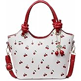 Cherry Leather Tote Bag – Cute Y2K Shoulder Purse for Women, Red Designer Handbag with Top Handle, Fruit Print Clutch Satchel