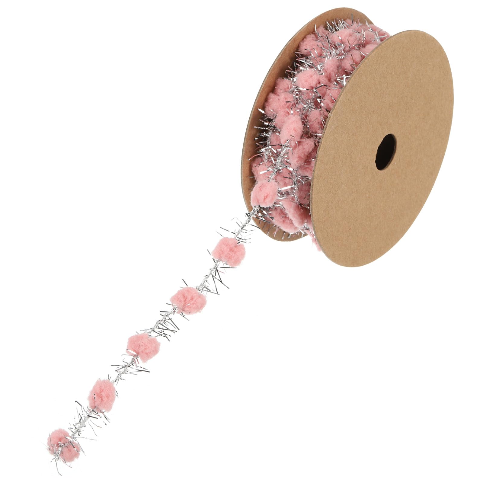 PATIKIL 3Yard Pom Pom Wire Ribbon, Mini Ball String Trim Ribbon with Silver Tinsel for Christmas Tree Gift Wrapping Bouquet Craft DIY Decoration, Pink