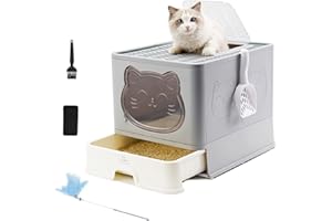 HelloMiao Fully Enclosed Cat Litter Box with Lid, Foldable Extra Large Cat Toilet, Drawer Type Cat Litter Tray with Plastic Scoop, Suitable for Cats Under 17.6Ib(8kg)