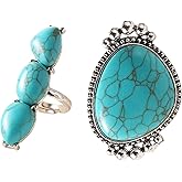 LadayPoa Turquoise Statement Ring for Women, Adjustable 925 Silver Western Rings with Blue Oval Stone,Vintage Fashion Boho Jewelry