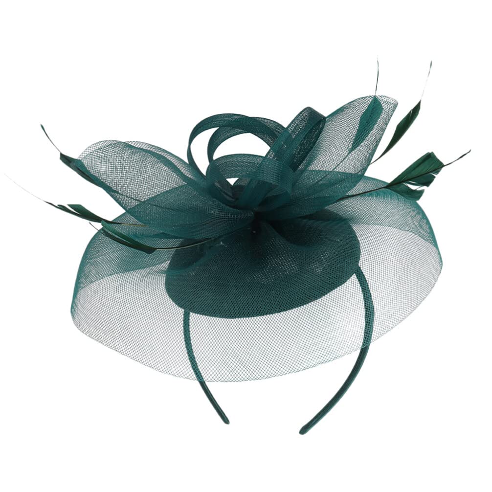 Lurrose Gauze Fascinator Hat Tea Party Headband for Women Wedding Banquet Lightweight Mesh Hair Accessory with Artificial Plume Dark Green