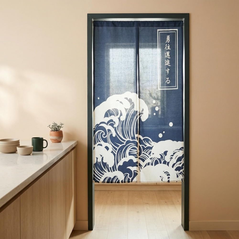 MYRU Japanese Noren Doorway Curtain Tapestry (Dark Blue Wave,33.5 Inches x 59 Inches)