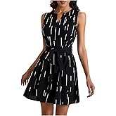 winkbay Women's Summer Geo Print Sleeveless Mini Dress Elegant Casual V Neck Belted A Line Flowy Dresses