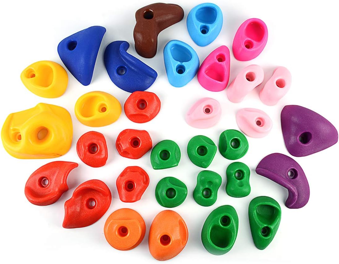 TOPNEW 32 Rock Climbing Holds Multi Size for Kids, Adult Rock Wall Holds Climbing Rock Wall Grips for Indoor and Outdoor Playground Play Set - Includes 2 Inch Mounting Hardware: Toys & Games