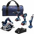 BOSCH GXL18V-497B23 18V 4-Tool Combo Kit with 2-In-1 1/4 In. and 1/2 In. Bit/Socket Impact Driver, 1/2 In. Hammer Drill/Driver, Circular Saw, Worklight with (1) CORE18V 4 Ah Battery & (1) 2 Ah Battery