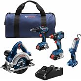 BOSCH GXL18V-497B23 18V Power Tool Combo Kit - 4 Tool Cordless Set with 1/2 In. Hammer Drill/Driver, Two-in-One Impact Driver/Wrench, Circular Saw, Worklight, Batteries & Charger