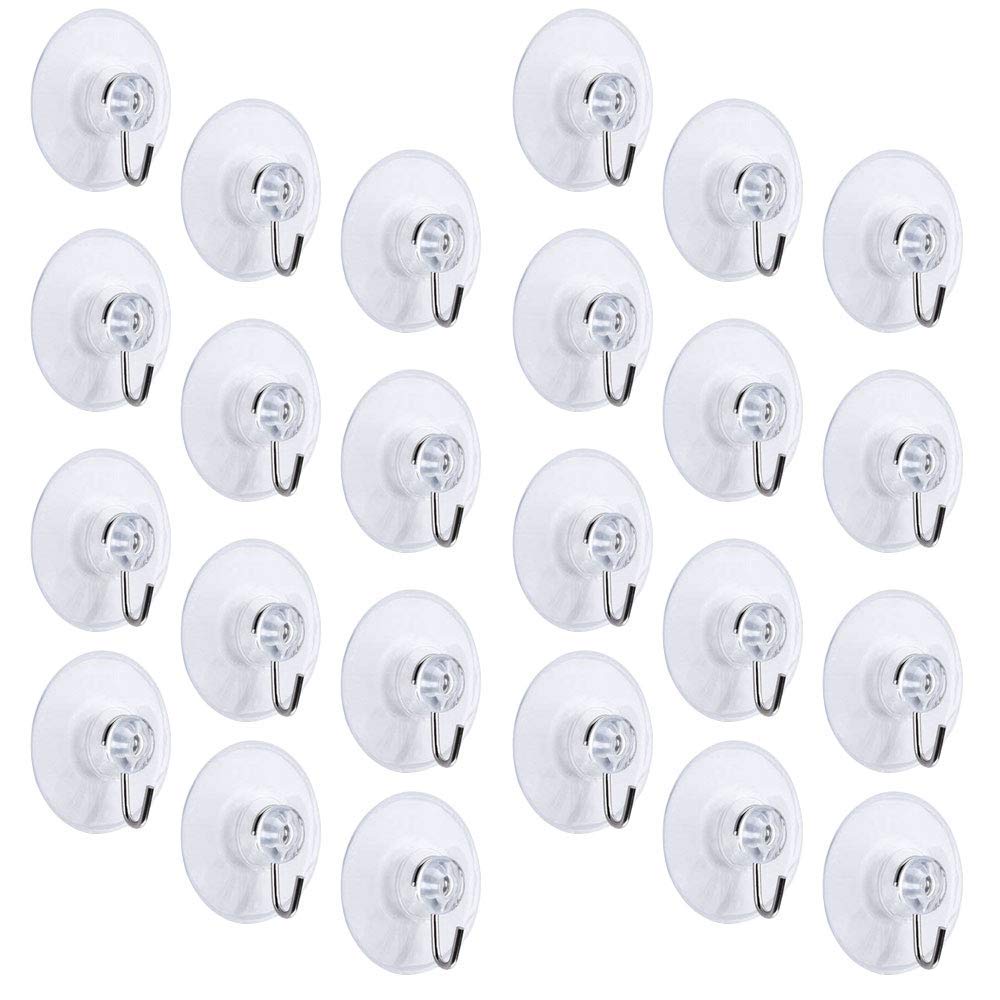 FOGAWA 24Pcs Suction Hooks Suction Cup Hooks 40 mm Clear Plastic Sucker Pads Glass Sucker Hooks Window Suckers for Christmas Lights Bathroom Kitchen Wall Door Decorations Window Camper Van