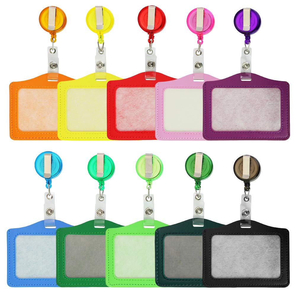 CODIRATO 10 PCS Name Badge Holder PU Leather ID Card Holder with Retractable Badge Reels for Key Ring ID Cards