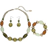 Bocar Chunky Wooden Beaded Collar Necklace Earrings Bracelet Handmade 3 Sets for Women Gift