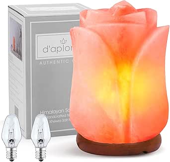 d'aplomb 100% Authentic Natural Himalayan Salt Lamp; Hand Carved Flower Rose Pink Crystal Rock Salt from Himalayan Mountains; Dimmer Cord; 8 lbs