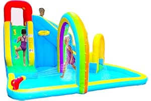 SHOOFOO Inflatable Water Slide Park with Air Blower, Kids Inflatable Bouncer House Slide, Climbing Wall, Splash Pool and Rainbow Sprinkler