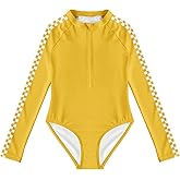 Girls One-Piece Swimsuits Plaid Long Sleeve Beachwear Zip Rash Guard Swimwears
