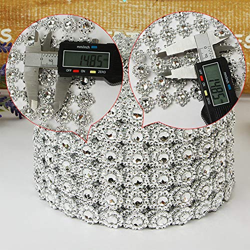MUZOCT 4" X 10 Yards (30 Feet) Silver Flower Mesh Rhinestone Crystal Diamond Ribbon Wrap for Event Decorations, Wedding Cake, Bridal & Party, Dress Appliques